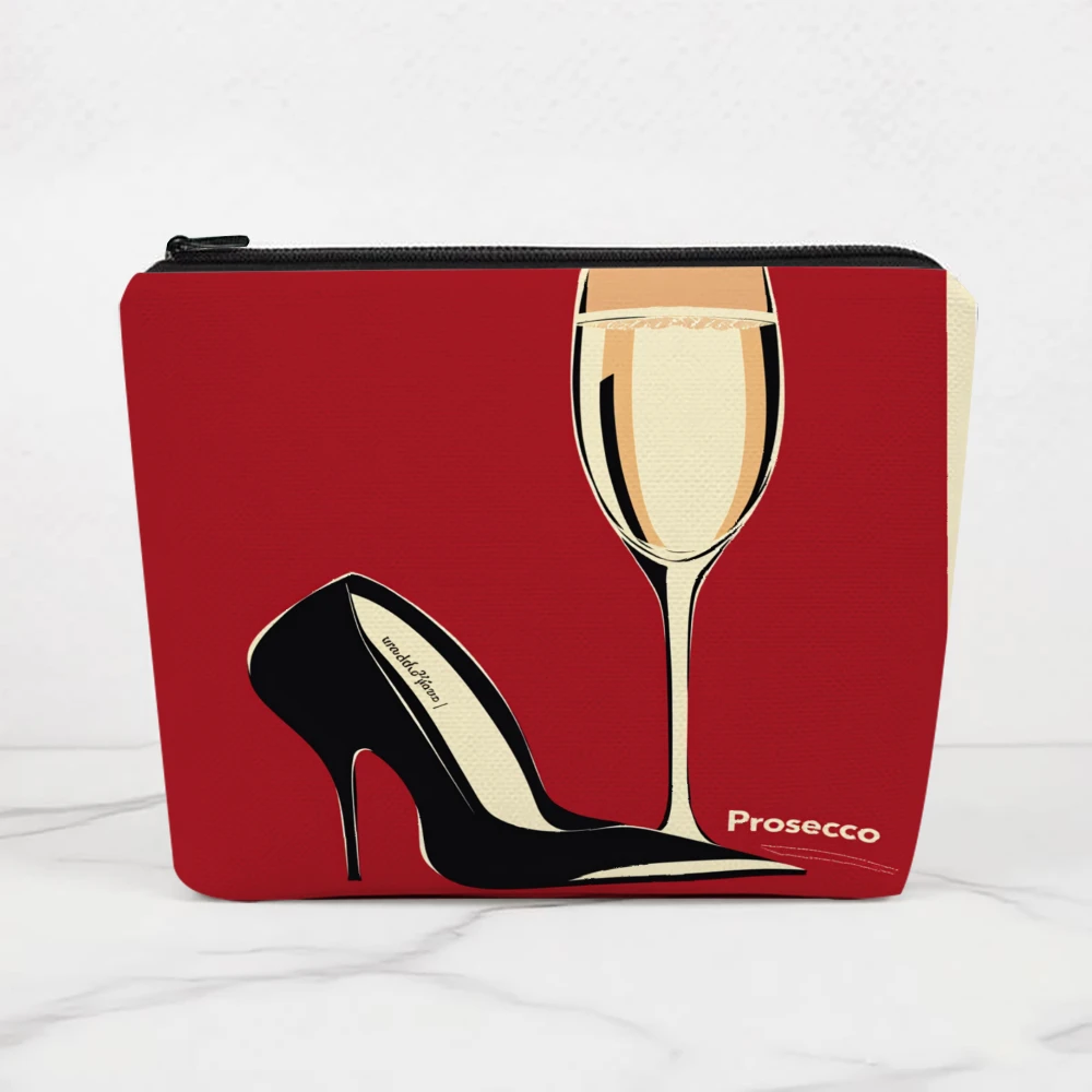 High Heel And Prosecco Glass Makeup Bags for Girls Cosmetic Pouch Toiletry Bag Pencil Case Travel Storage