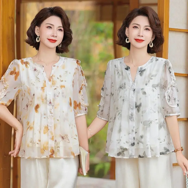Mom Dress for Middle Aged Summer Clothes Fashionable and Slim Women's Shirt Tops Snow Woven