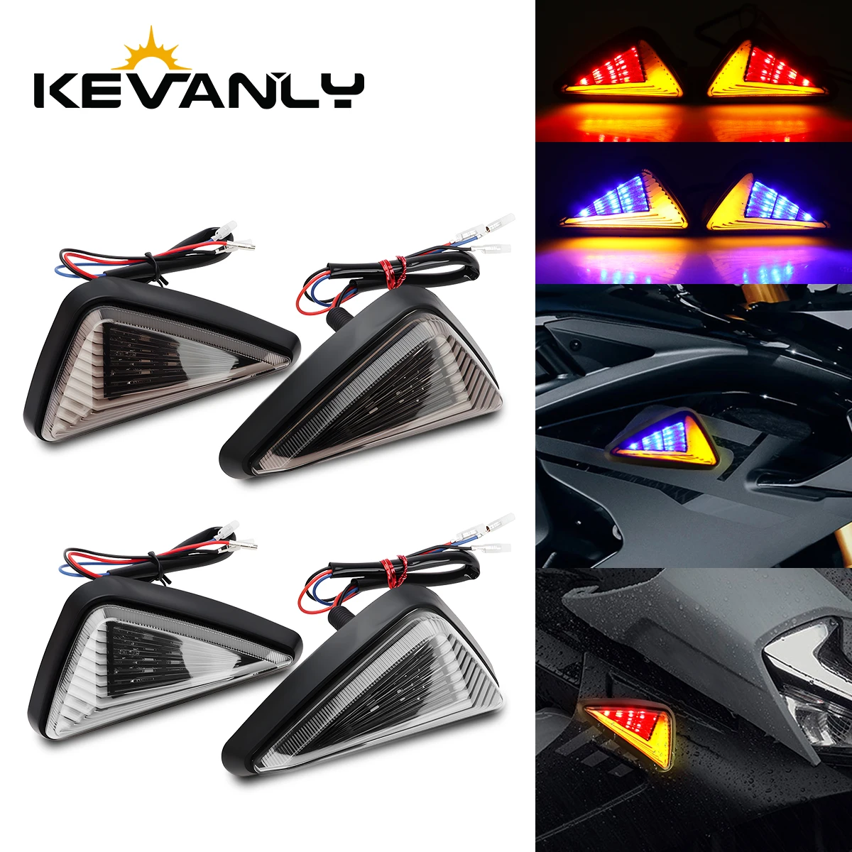 1/2Pairs Motorcycle Triangular LED Turn Signal Light Sequential Water Flowing Indicator Blinkers DRL Running Lamp Blue Yellow