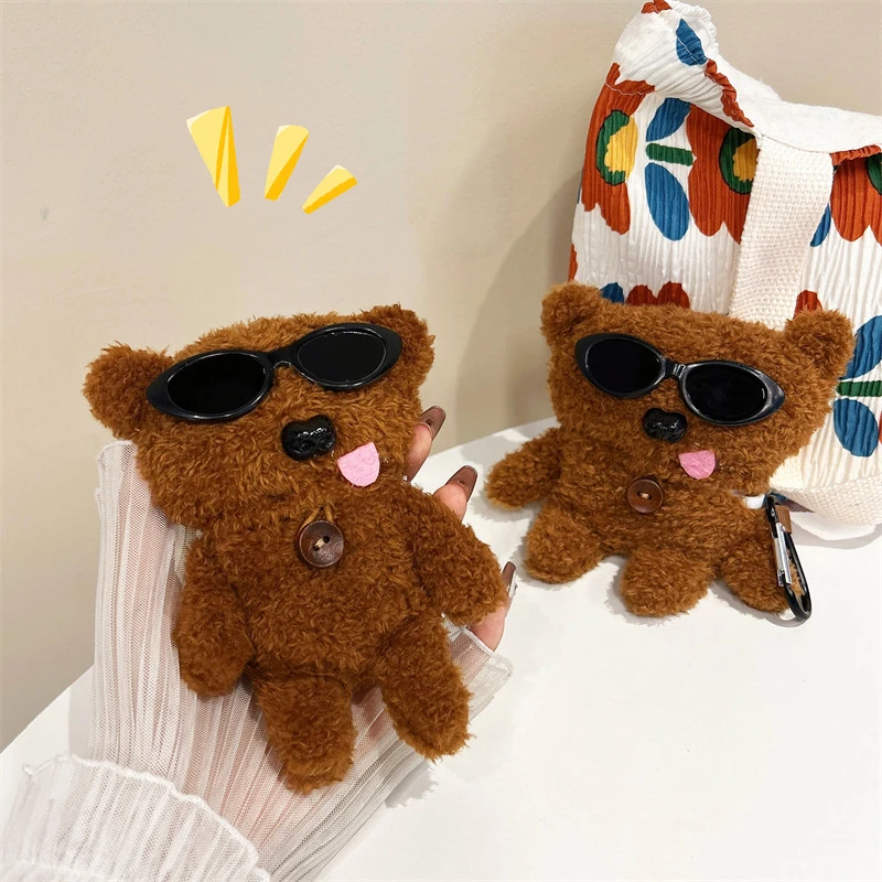 

Plush Cartoon Glasses Bear Case for AirPods Pro2 Airpod Pro 1 2 3 Bluetooth Earbuds Charging Box Protective Earphone Case Cover