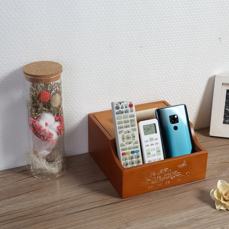 

NEW-Wooden Square Tissue Box Storage Organizer Caddy For Bathroom Vanity Dresser Night Stand Table Holds Remote Controls Pen 18