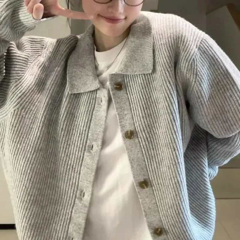 

Осенне-зимняя одежда, женские свитера, серые однотонные кардиганы в консервативном стиле, свободные винтажные повседневные кардиганы Sueteres Mujer