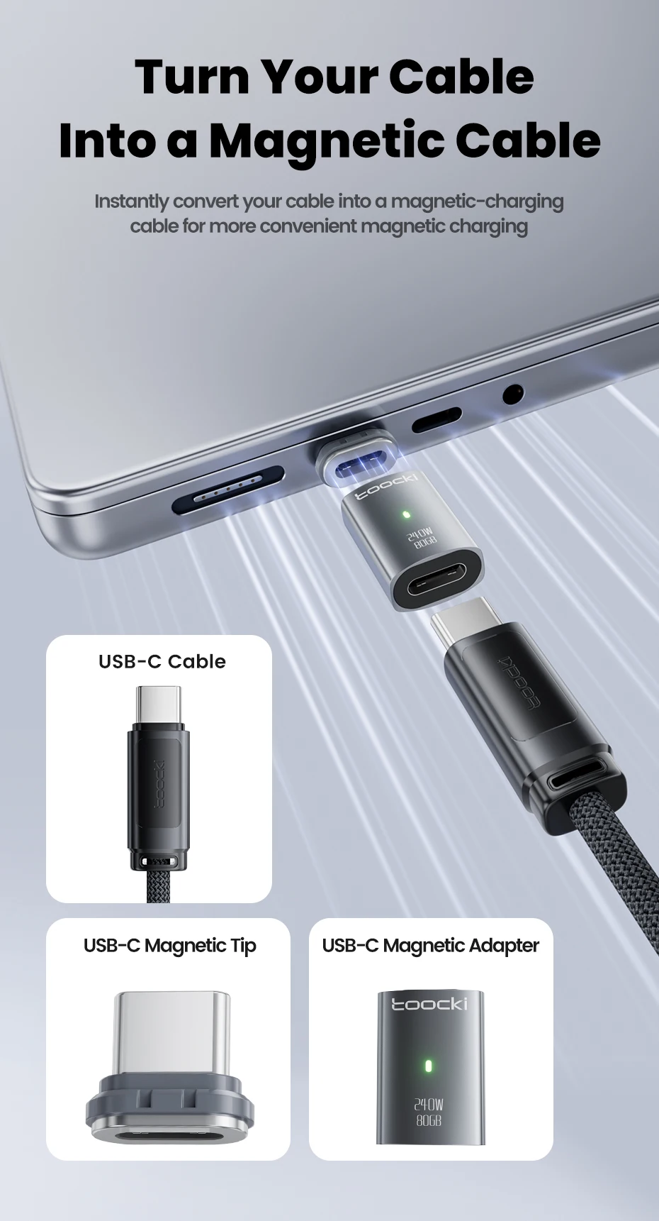 Toocki Magnetischer 240W Adapter OTG Typ C auf Typ C Weiblich zu Männlich USB4.0 80Gbps Schnellladung USB C zu Typ C Konverter – Detail 3