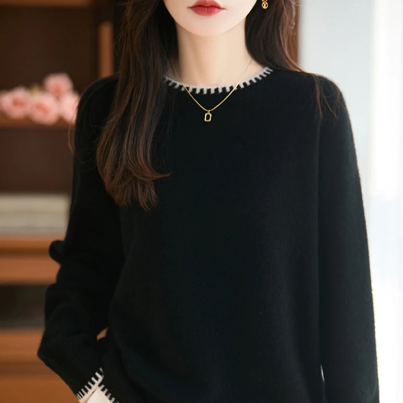 

Autumn and Winter Women's Pure Wool Knitted pullove Long Sleeve Round Neck Hook Line Edge Casual High Quality Basic Top