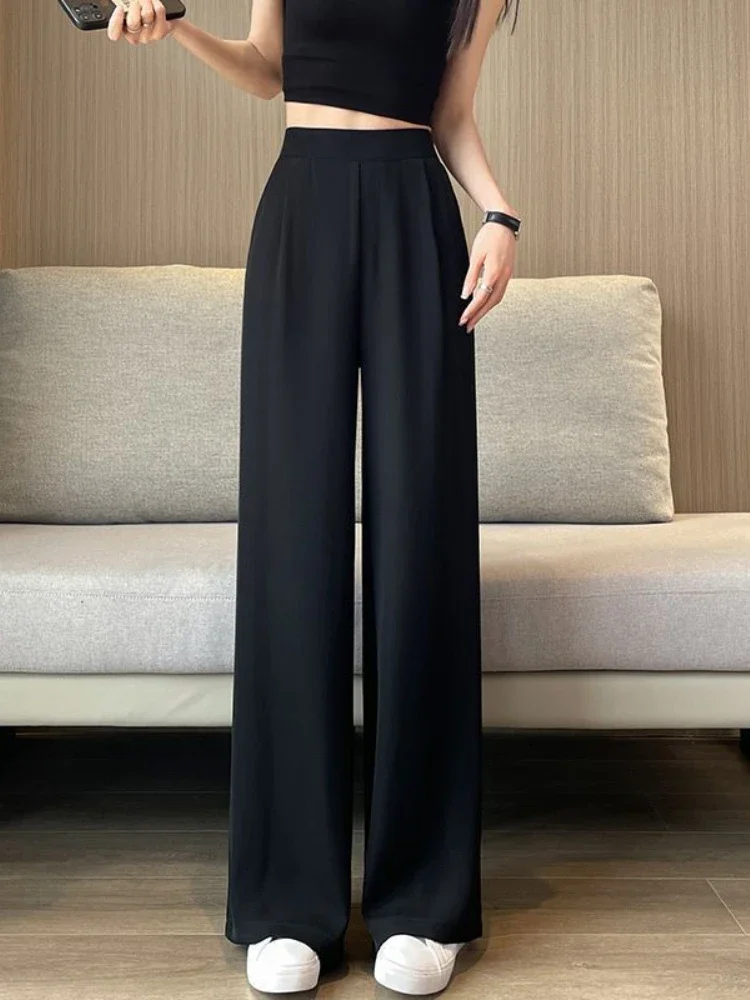 Calça solta de cintura alta feminina, estilo coreano na moda, feminina de escritório que combina com tudo, casual até o chão, elegante e simples, design de verão