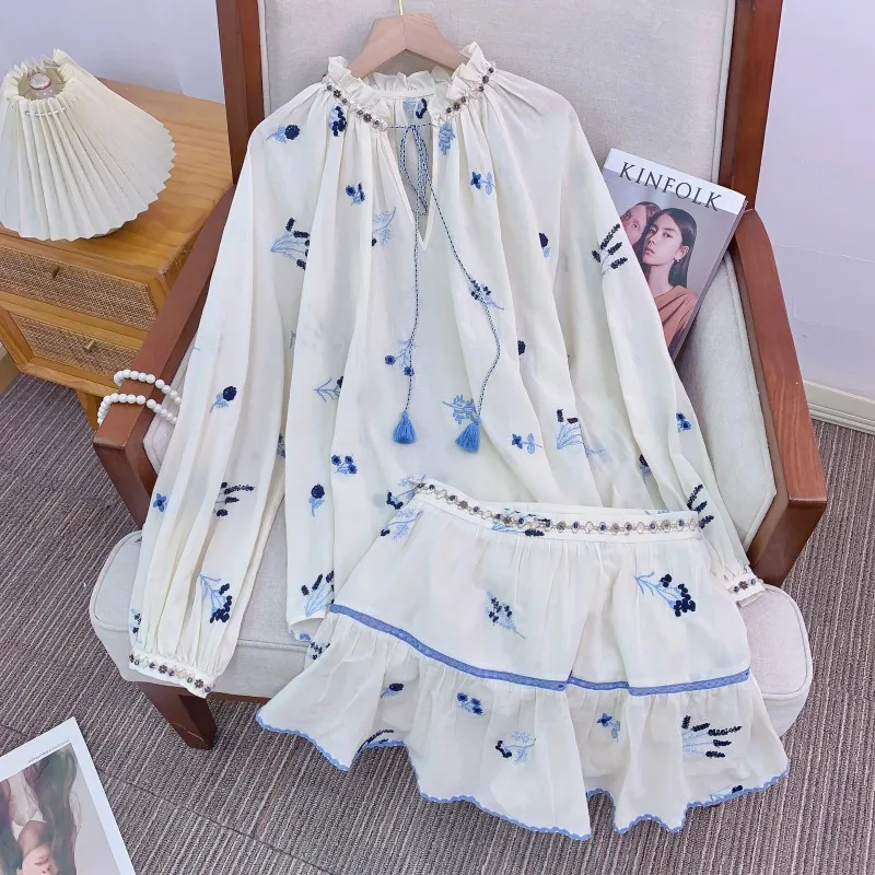 

Комплект из топа и юбки Capri Island Beach Vaion Sle из чистого хлопка с 3D-вышивкой, женский модный летний наряд с V-образным вырезом и длинными рукавами