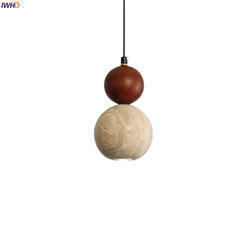 

IWHD Spherical Stone LED Pendant Lamp Interior Lighting Living Room Bedroom Yellow Travertine Vintage Hanging Light Luminaire