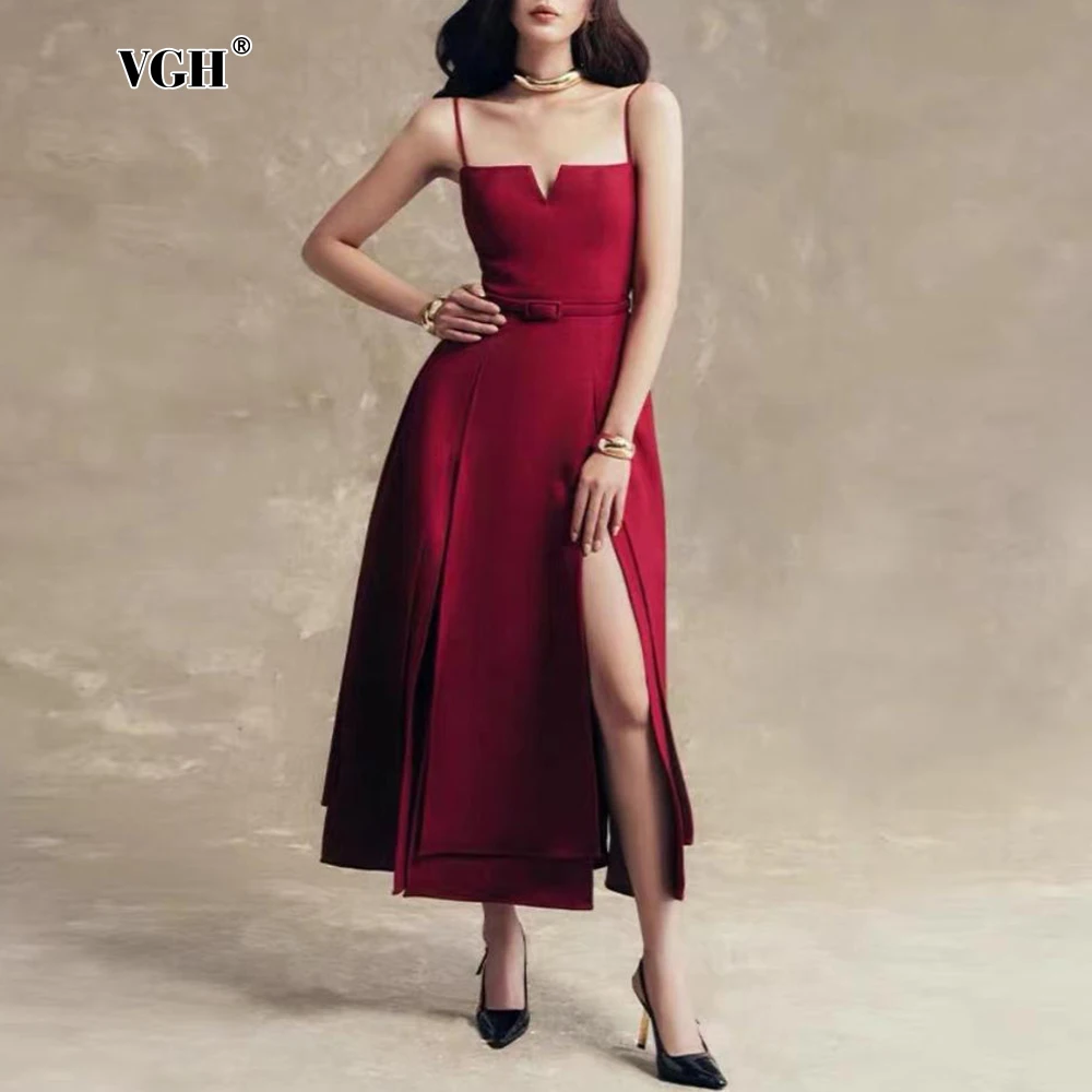 VGH Red High Waist Split Long Dress For Women Square Collar Sleveeless Patchwork Sashes Temperament Camisole Dresses Female New