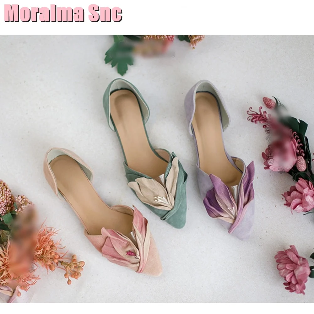 Flower Decor Pointed Toe Flat Shoes Shallow Genuine Leather Elegant Designer Women Shoes Sandals Summer Fashion Vintage Style