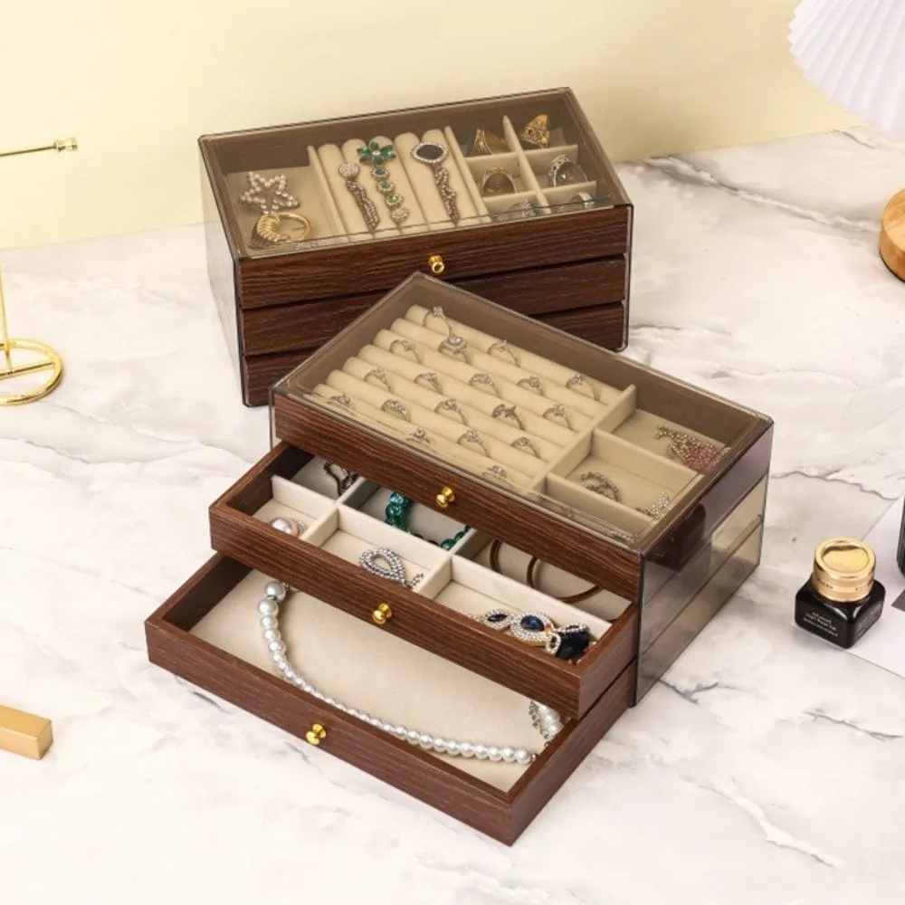 

Multi-layer Wooden Jewelry Box Large Capacity Transparent Window Jewelry Storage Case Square Design Three-layer Drawer