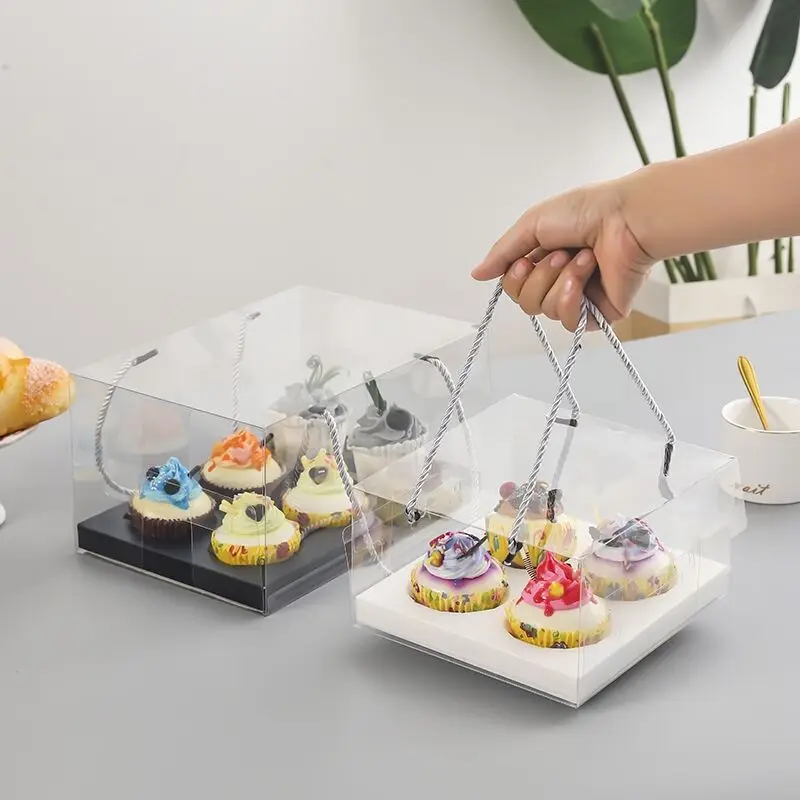 

10pcs Transparent Cake Box With Handle Cupcake Baking Dessert Container Holder Portable Plastic Packing Gift Box