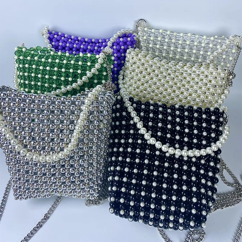 

Handmade Woven Patchwork Wallets Advanced Texture Pearl Round Beaded Corssbody Bag Sweet Hollow Out Pearls Bucket ZA Handbags