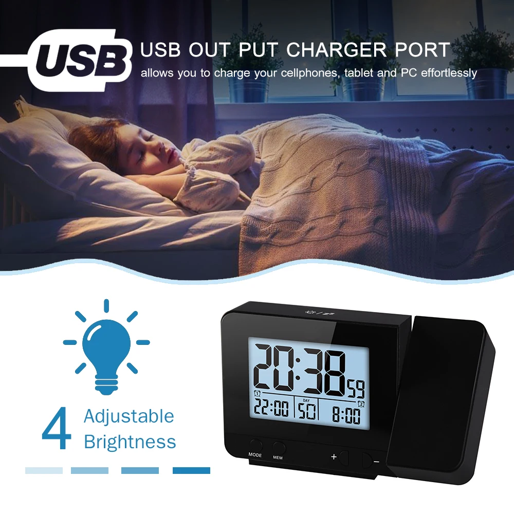 Projection Alarm Clock for Bedroom with Thermometer Hygrometer Digital Project Ceiling Clock Dimmable Display with USB Charger