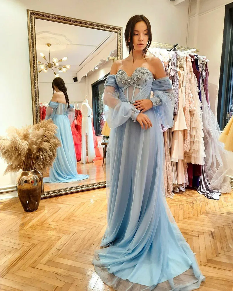 SoDigne Sky Blue ชุดราตรีลูกไม้ Appliques แขนยาว Corset ชุดราตรีปิดไหล่ชุดพรรคอย่างเป็นทางการ2022