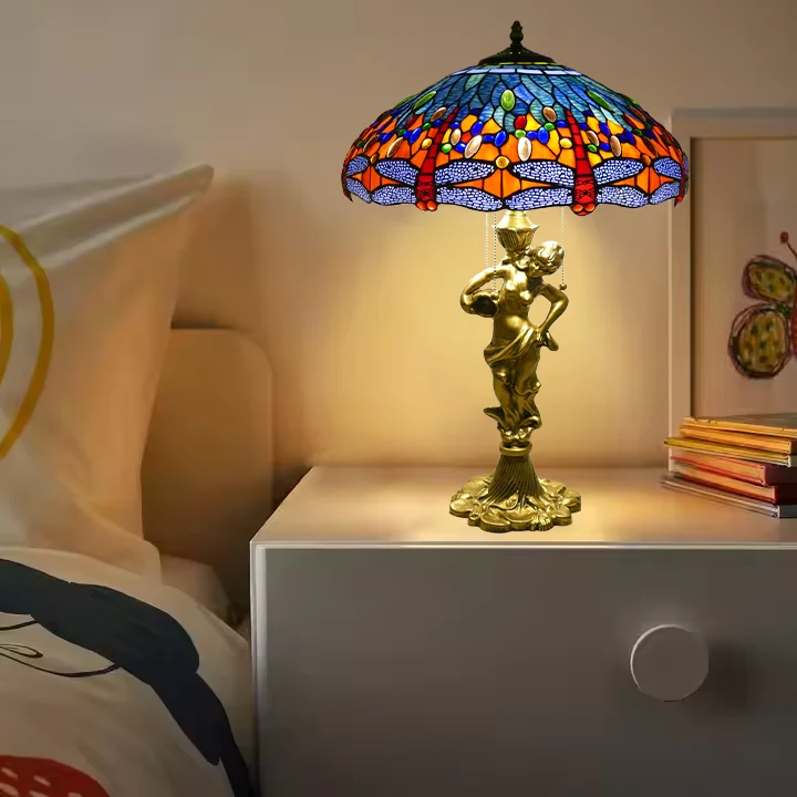 Classic stained glass dragonfly style bedroom bedside lamp, living room study 18 inch lamp