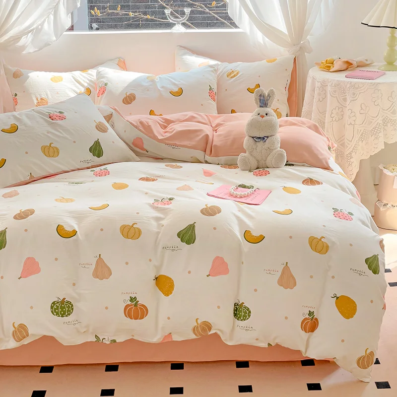 Kawaii الفاكهة اليقطين غطاء لحاف الملكة لعيد الشكر الكرتون طقم سرير-1 غطاء لحاف + 1 ورقة جاهزة + 2 كيس وسادة
