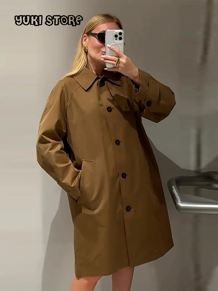 

Elegant Lapel Single Breaster Long Coat Women Casual Loose Solid Full Sleeve Outwear 2025 Autumn Lady Fashion Streetwear