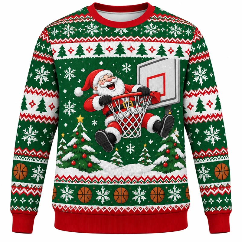 Basketball Santa Christmas Sweater For Men 3D Print Crewneck Long Sleeve Unisex Ugly Xmas Pullover Sports Holiday Party Gift Top