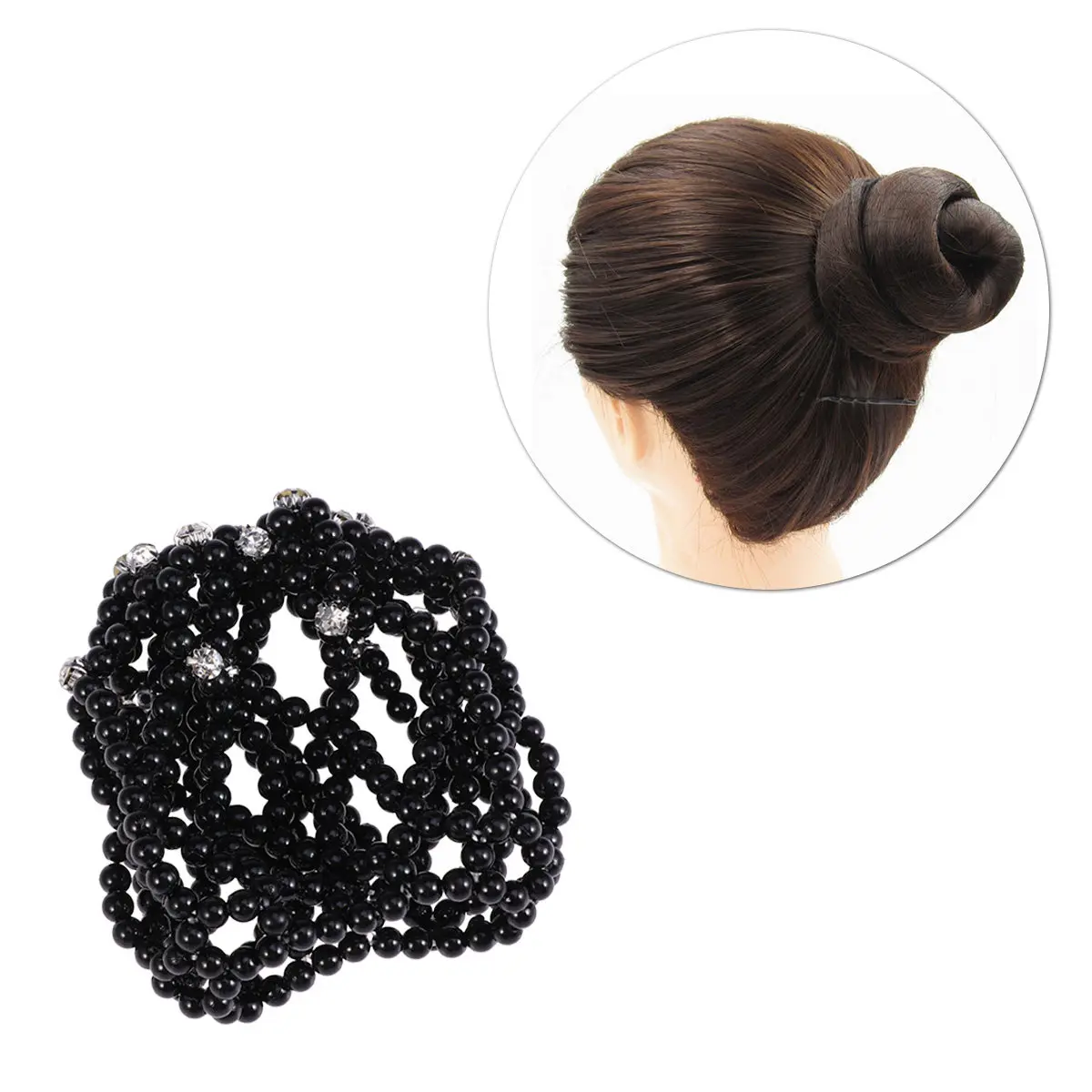 

Pearl Decorated Hair Snood Handmade Crochet Bun Cover for Dancing Sports Events Formal Wear Elastic Hairnet Black