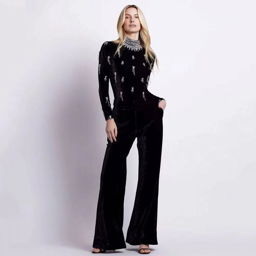 High Quality Women Long Sleeve Diamond Chain Bodycon Long Jumpsuit Celebrate Elegant Evening Party Fashion Cocktail Wear