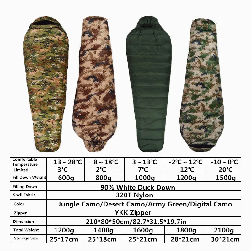 90% Duck Down Filled Soft Sleeping Bag Warm Winter Camping Mummy Sleeping Bag for Outdoor Travel Hiking 4 Kinds of Thickness