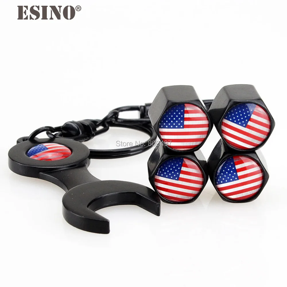 

4 x Car Styling Stainless Steel Zinc Alloy Wheel Tire Valve Stem Caps Pale America Flag Universal With Mini Wrench Key Chain