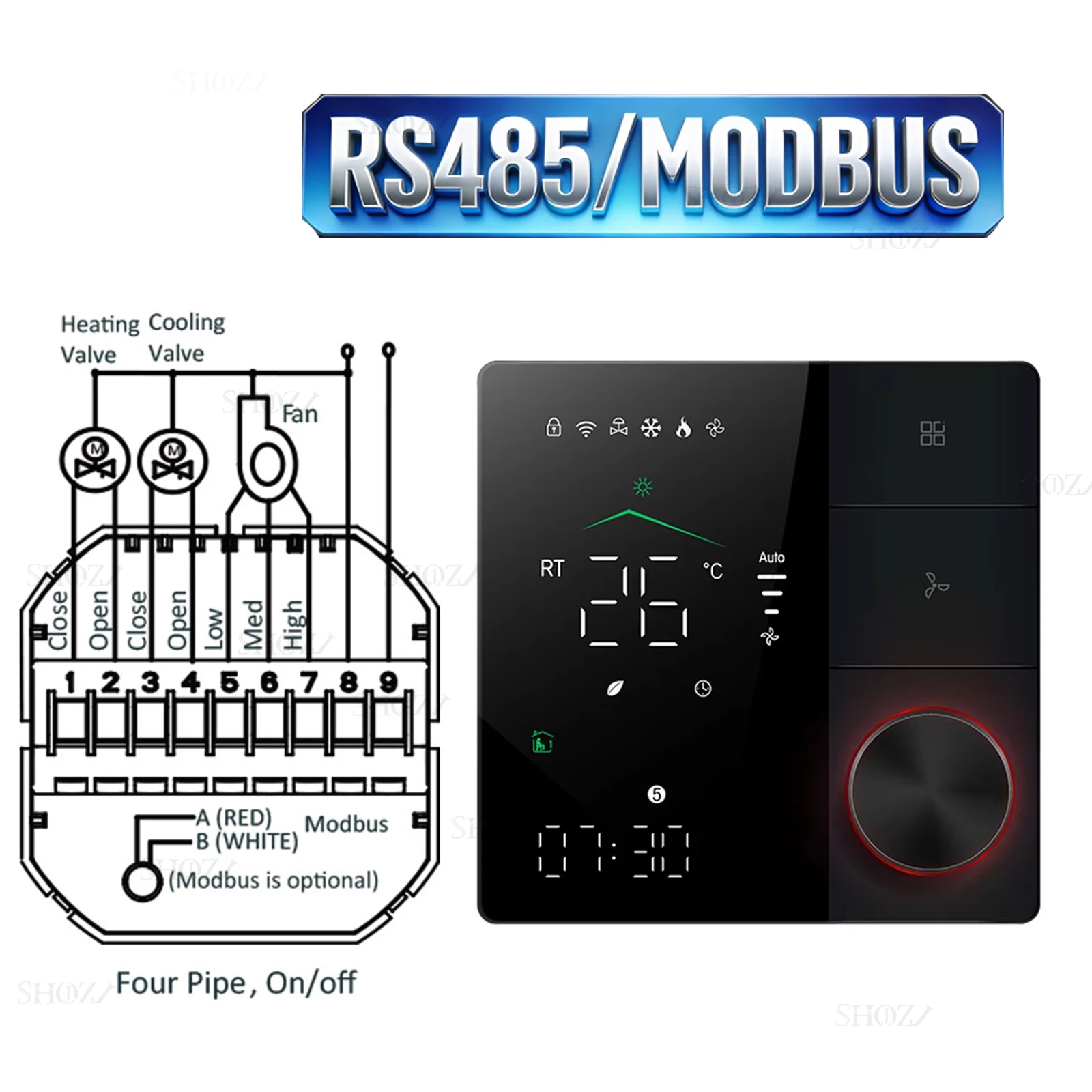 Zigbee/Wifi/RS485 Klimaatthermostaat voor Fan Coil Units, 2/4-Buis Verwarming/Koeling Temperatuurregelaar, Compatibel met Tuya Smart Life,Ondersteunt Alexa Google Home Assistant, kan Honeywell,