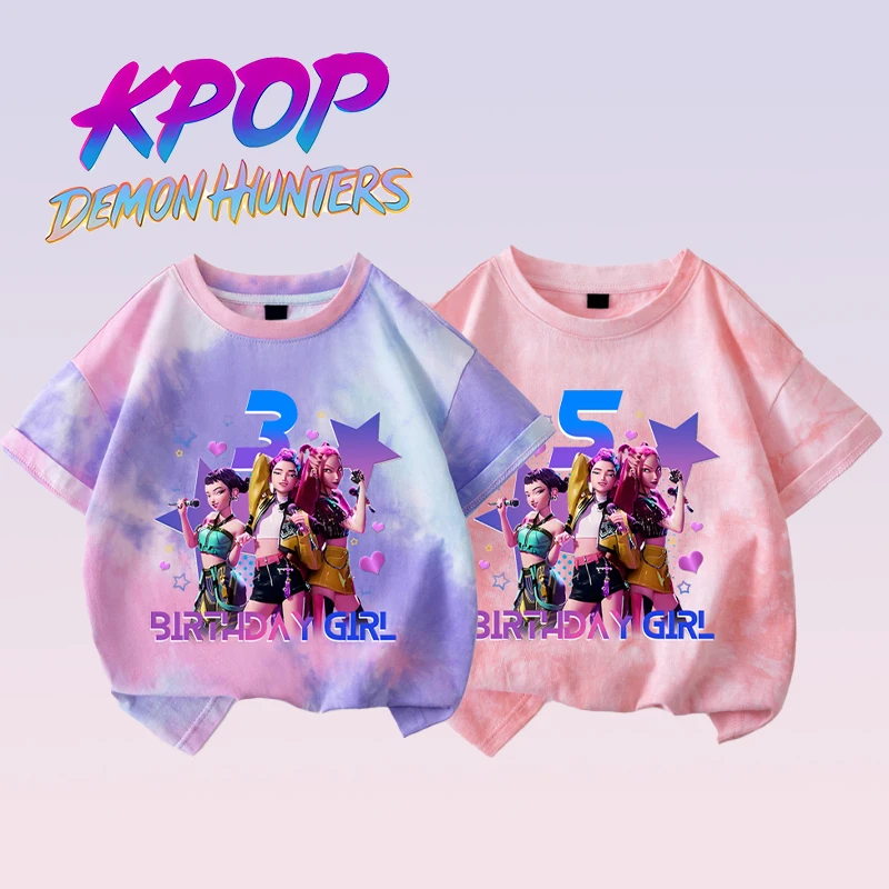 

KPop Demon Hunters Tie-dye Short Sleeves Fashion Girls T-Shirt Kids Summer Clothing 1-9 Years Printed Tops Birthday Party Tees