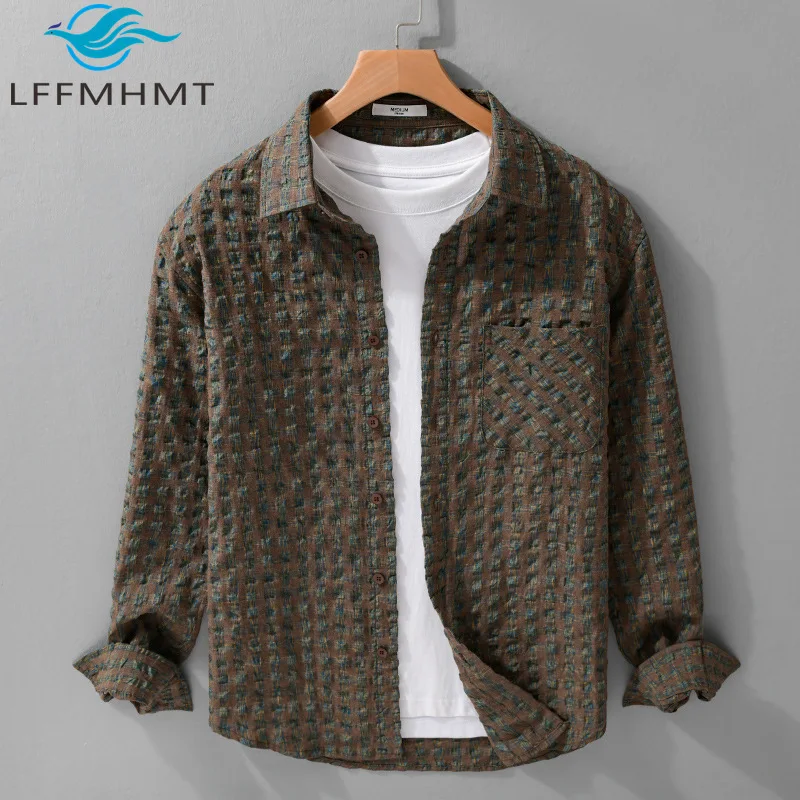 

Весенняя модная мужская клетчатая рубашка с длинным рукавом и пузырьковой текстурой, мягкая удобная стильная свободная повседневная рубашка в литературном стиле 9180