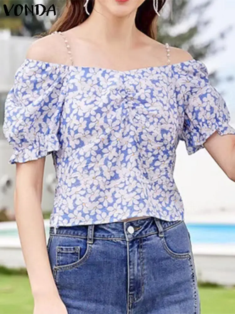 VONDA 2024 Summer Blouse Fashion Shirts Women Floral Printed Sexy Square Neck Short Sleeve Elegant Ruffled Tops Casual Blusas