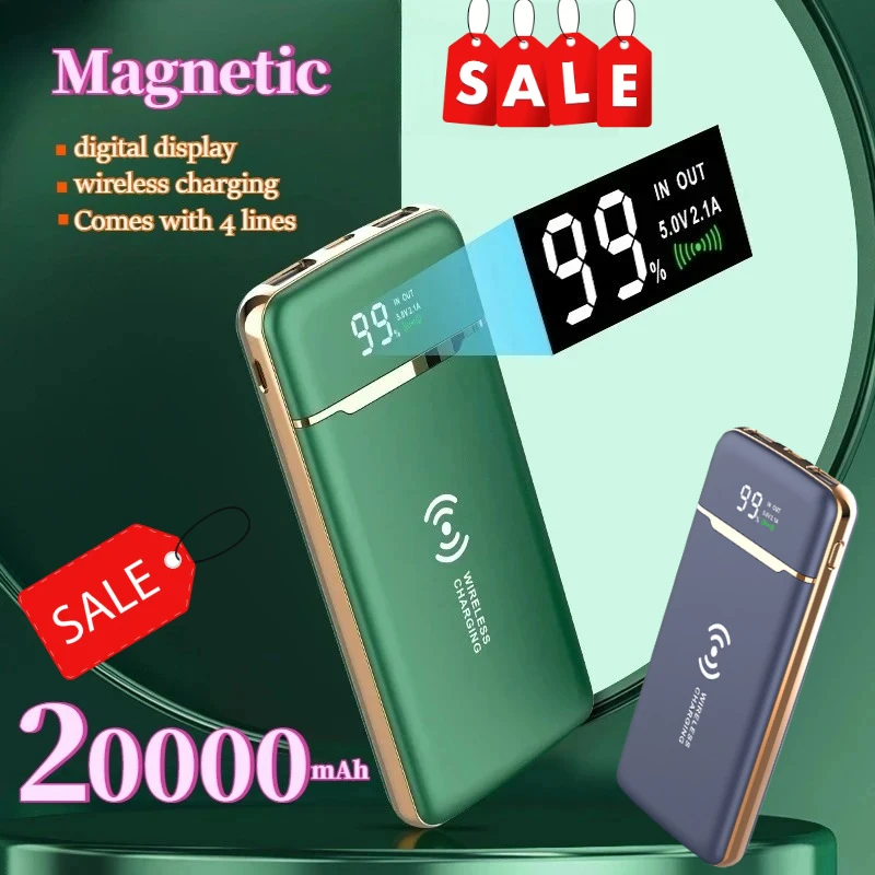 

Новый магнитный аккумулятор емкостью 20000 мАч, цифровой дисплей, встроенный кабель, внешний аккумулятор для IPhone, Samsung, Huawei, Xiaomi