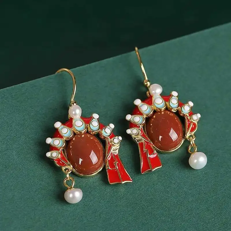 Ancient Gold Craft Inlaid Pearls Southern Red Tourmaline Court Style Exquisite Earings Dinner Jewelry