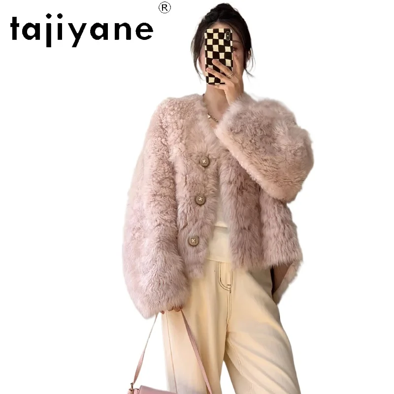 TAJIYANE 100% laine toscane naturelle en peau de mouton Double face manteau de fourrure femme haut de gamme col en v vraie fourrure veste vêtements d'hiver 2025шу omni