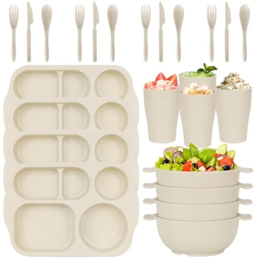 

24 PCS Wheat Straw Dinnerware Set for Adult Plates and Bowls Sets Divided Plates Bowls Cup Cutlery Sets, Reusable Tableware Set