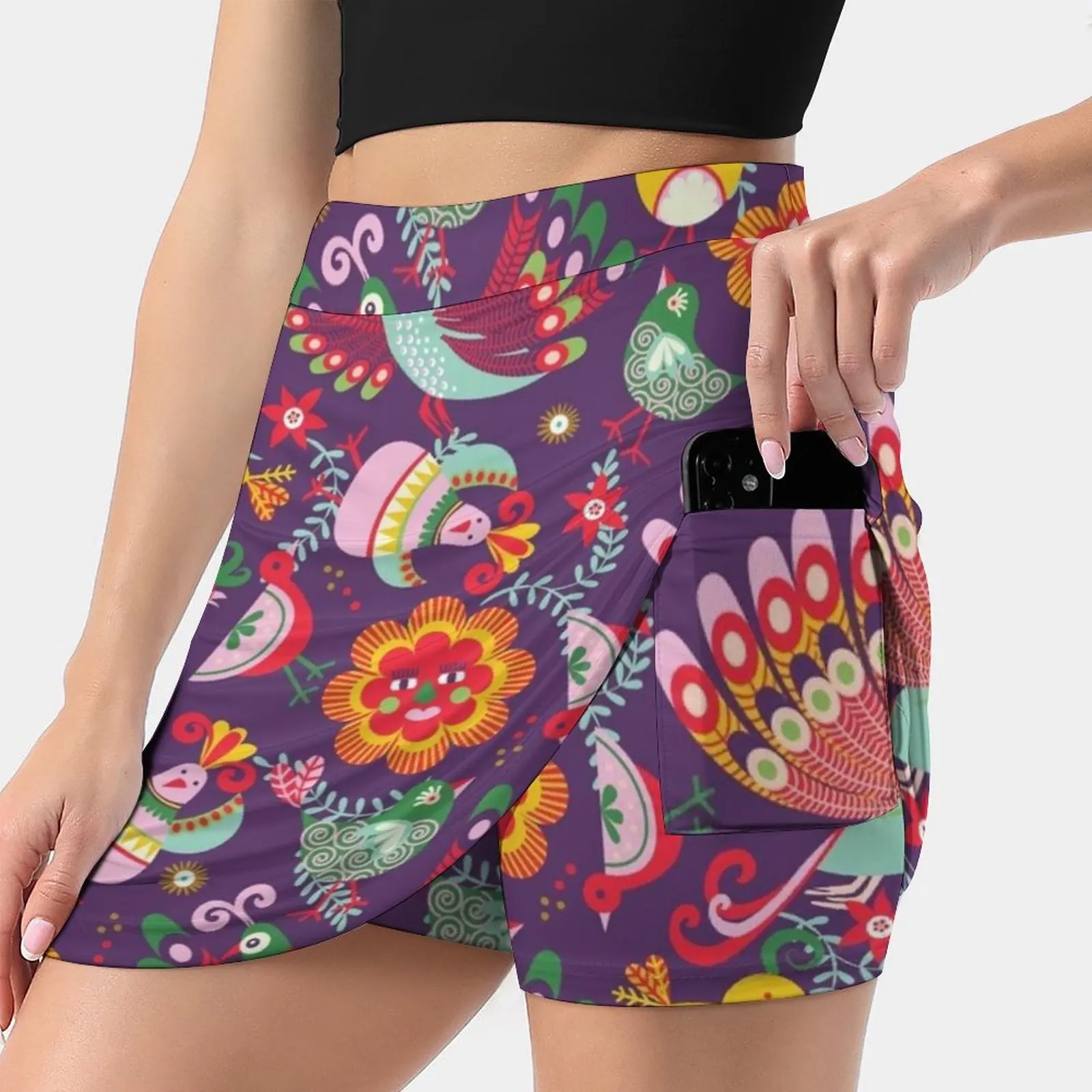 Scandinavian Folkart Birdies | Purple Women's skirt Sport Skort Skirt With Pocket Fashion Korean Style Skirt 4Xl Skirts