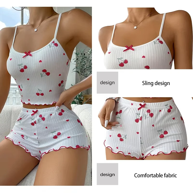 

Sleepwear Women's Summer Pajama Set Heart Print Sexy Ribbed Bow Decor Round Neck Backless Crop Cami Top & Shorts Nightwear