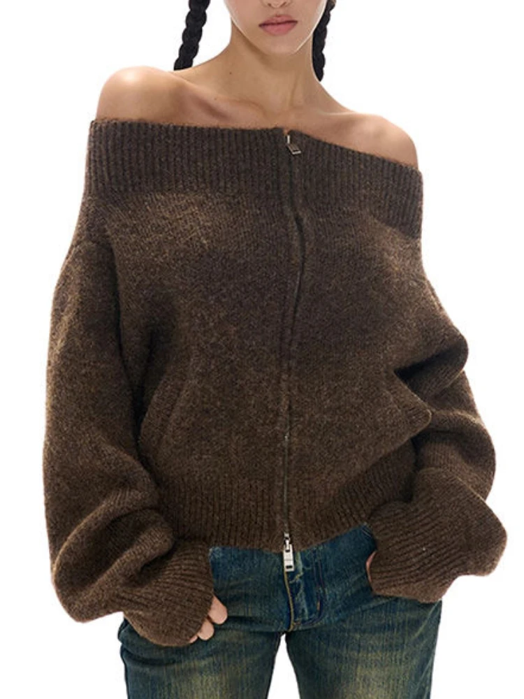 Slash Neck Sexy Knitted Cardigans Autumn Vintage Off Shouder All Match Casual Sweaters Korean Fashion Grunge Loose Knitwear