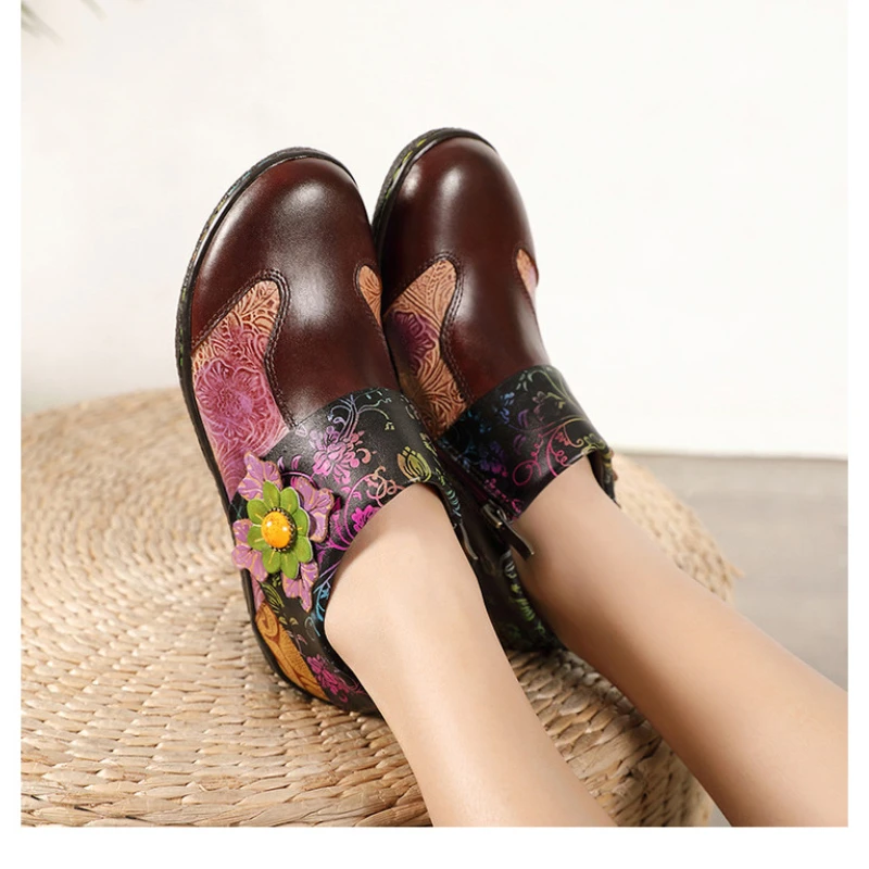 Koznoy Women\'s Genuine Leather Shoes 4cm New Print Ethnic Summer Handmade Hook Flower Big Size Ladies Fashion Mixed Color Flats