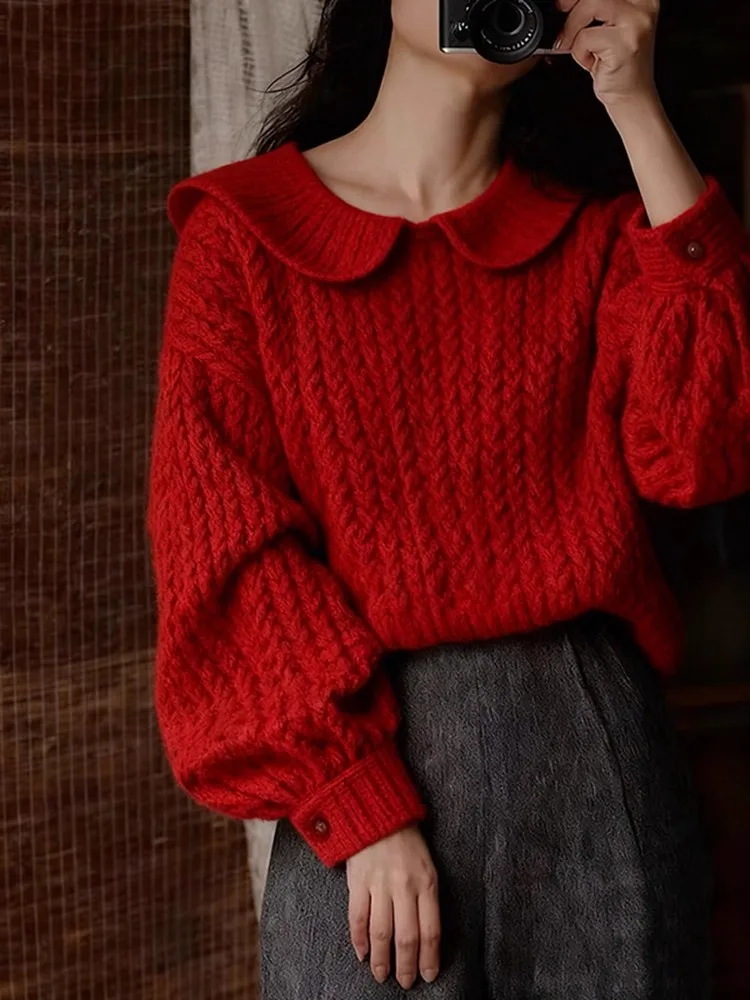 

Cisas New Year Red Twist Doll Collar Knitted Sweater Women's Autumn Winter Slimming Top Comfortable Medium Softn Knitwear