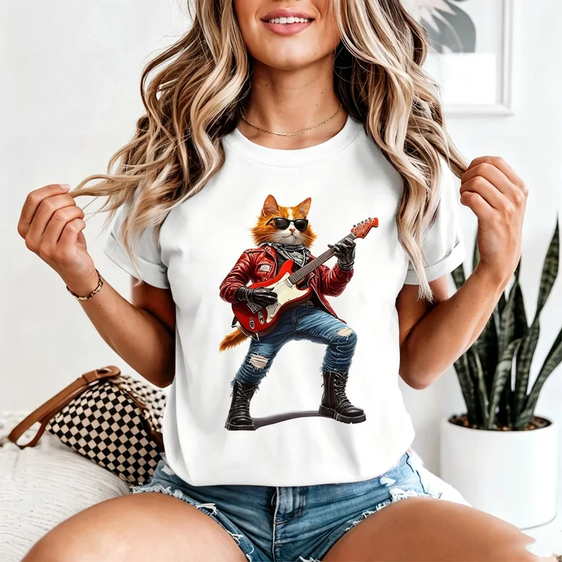 Vintage Rock Star Fox Playing Guitar Graphic Tee Retro Rock Music Print Men Women Cotton Short Sleeve Casual Gift T Shirt