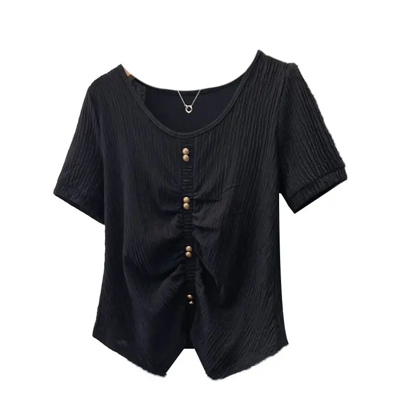 Korean Irregular Shoulder Short Sleeve O-Neck Short Sleeve Shirt Women Fashion Buttons Slim Short Tops Female Blouse Summer