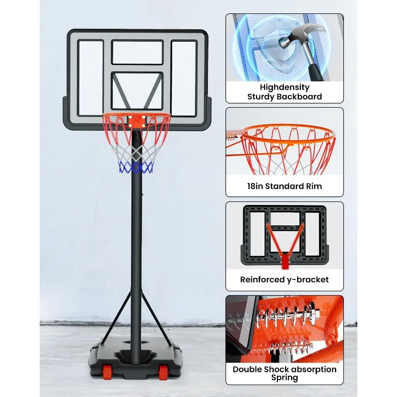 휴대용 야외 농구 골대 조절 가능 4.8-10피트: 농구 목표 시스템, 44인치 비산 방지 백보드 및 안정적인 베이스