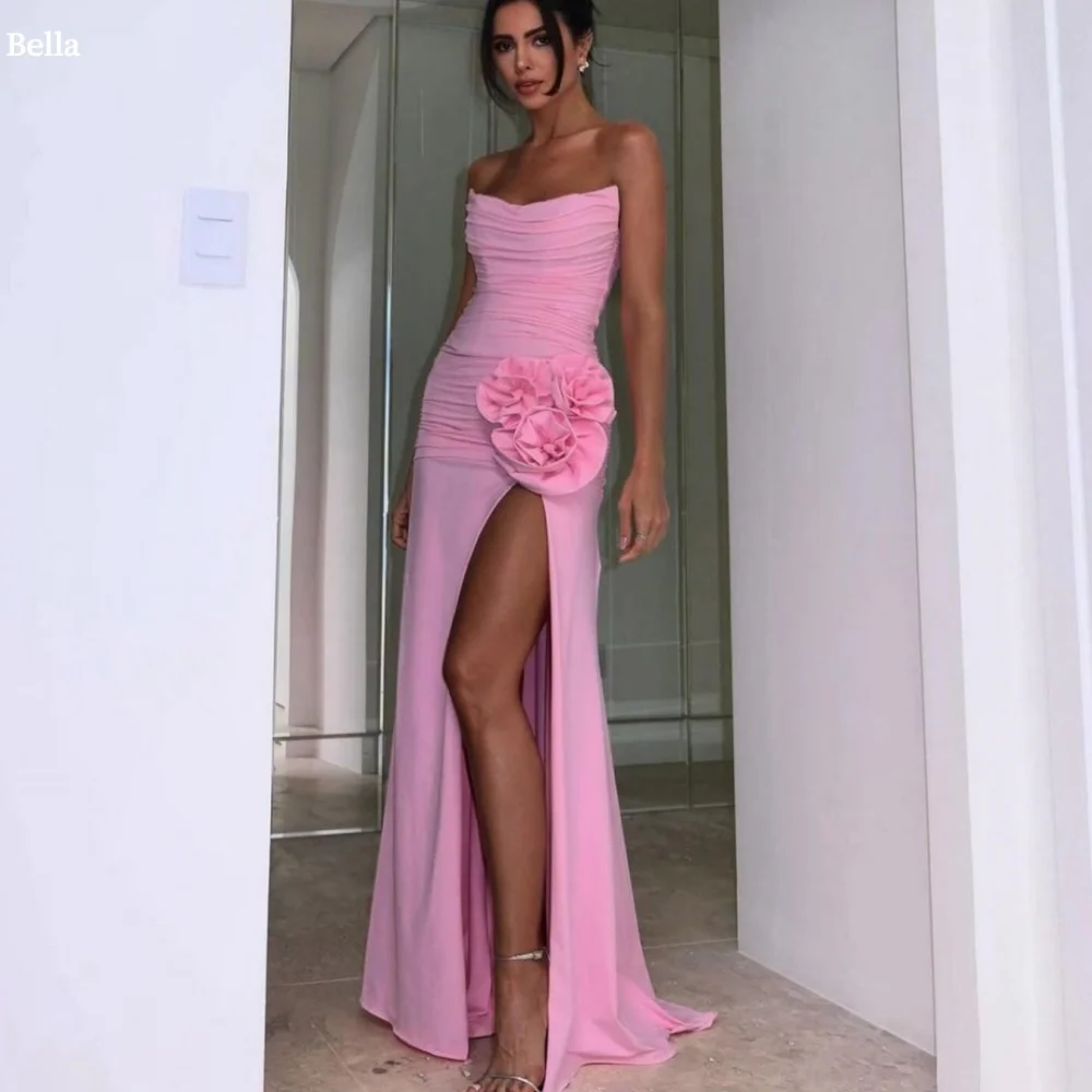 

Bella Customized Pink 3D Flower Side Slit robes de soirée Satin Strapless Party Dresses Floor-Length Sleeveless Prom Dress 2025