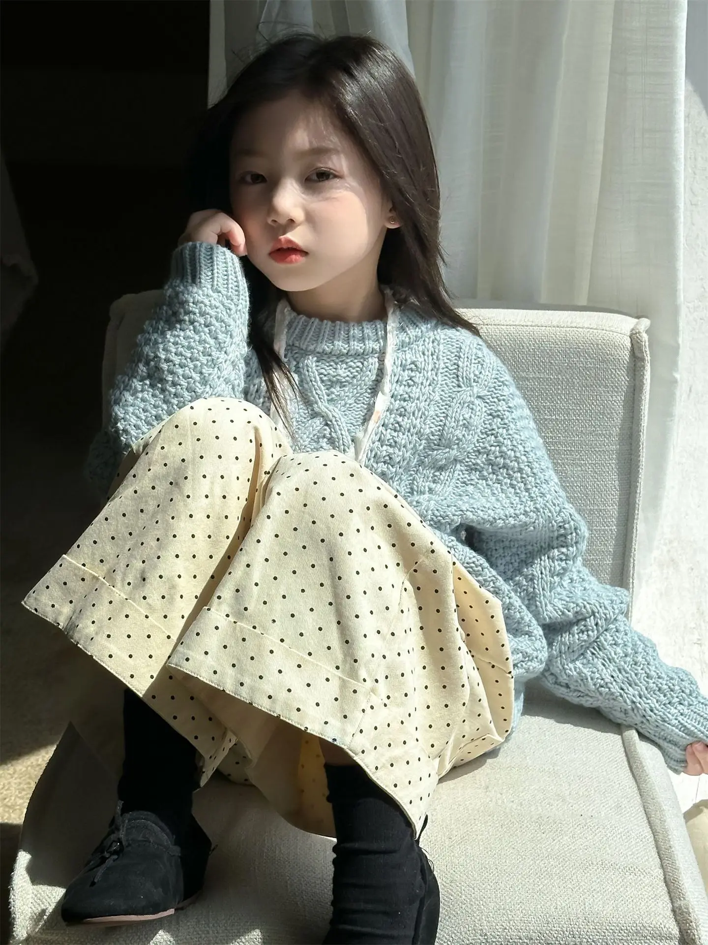 2025 New Korean Girls Knit Sweater Warm Solid Color Round Collar Knitted Top for Autumn Spring Soft Comfy Fashion Kids Wear