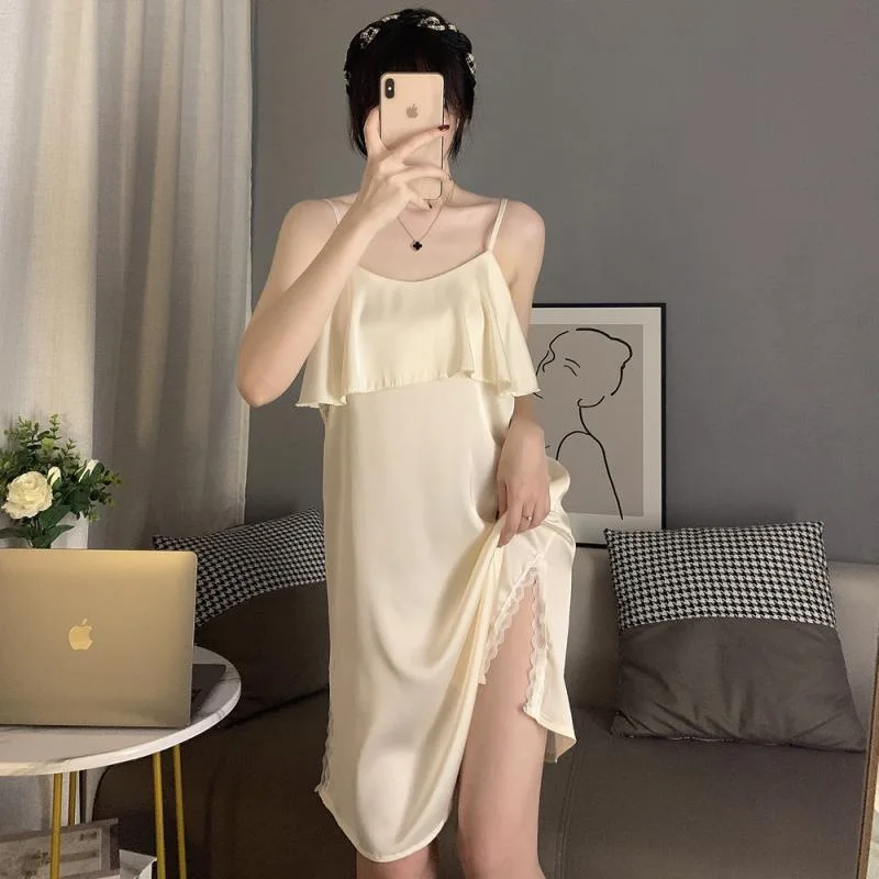 150kg Plus Size Home Dress Women Summer Thin Ice Silk Sleeveless Loungewear Suspenders Mid Length Nightgown Loose Sleepdress 3XL