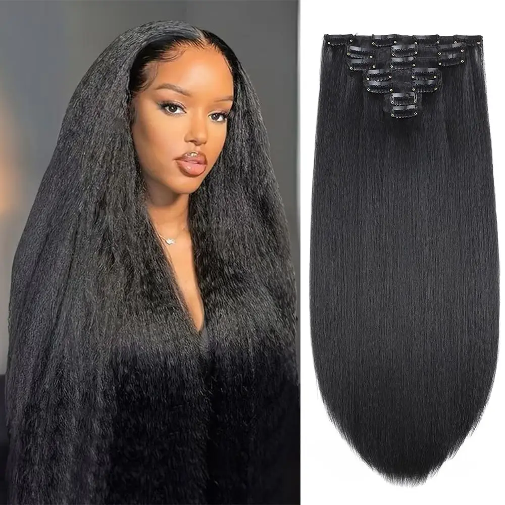 7PCS Kinky Straight Clip in Hair Extensions for Black Women Synthetic Yaki Straight with 16 Clips for Daily Wear