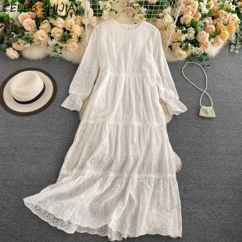 Vacation Round-collar Hollow Lace Dress Woman White Oversized Long Sleeve Elegant Maxi Dresses Woman Yellow Vestido De Mujer