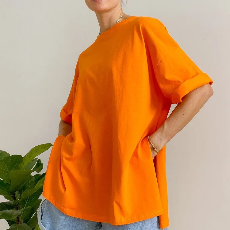 تي شيرت نسائي مريح منقسم ort Sve تي شيرت نسائي مستدير Ne كاجوال من مادة الكتان بخمسة أرباع Sve ملون