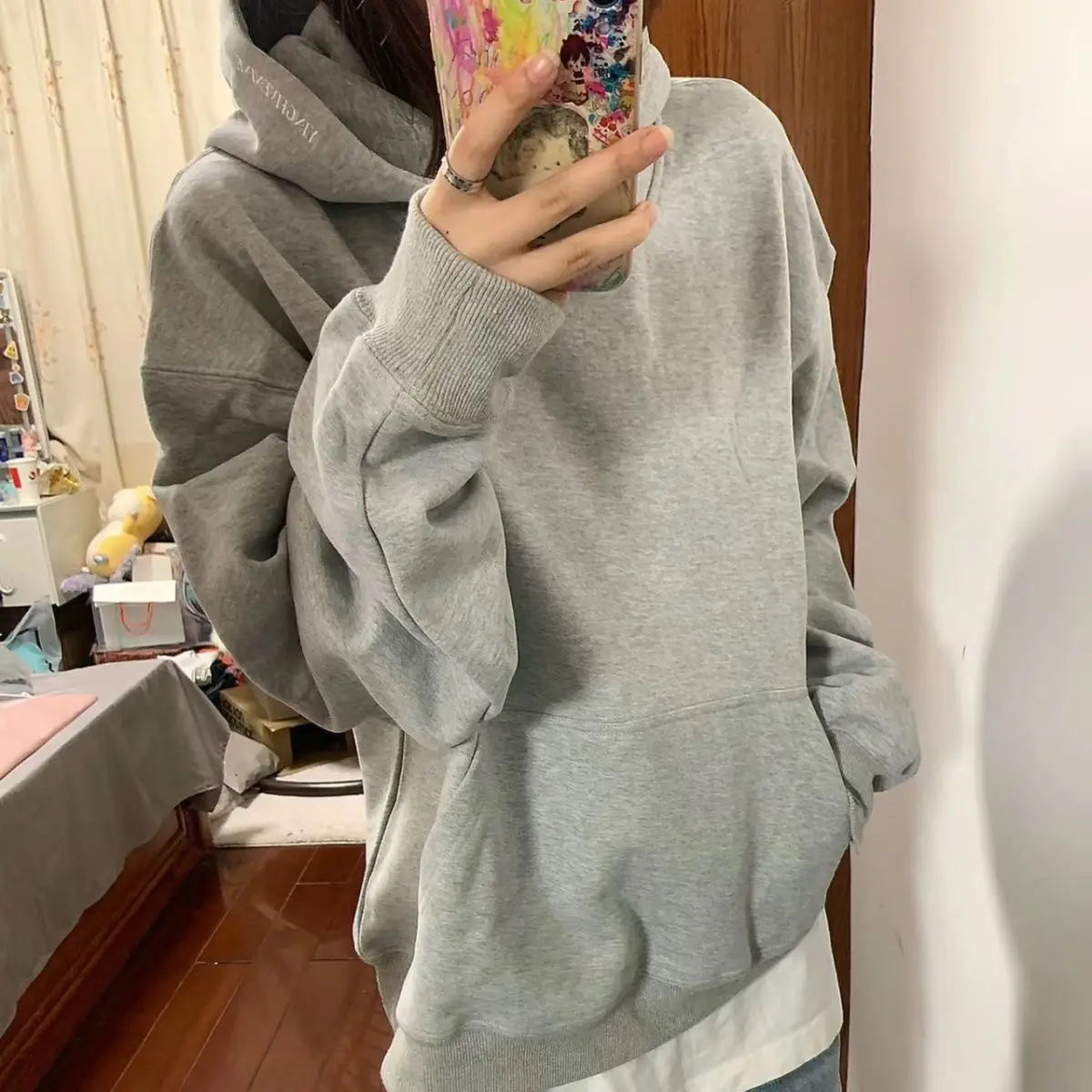 

Женская одежда, серый пуловер с большими карманами в американском стиле ретро, толстовка с капюшоном для женщин, весна-осень, свободный просто однотонный модный свитшот, топ