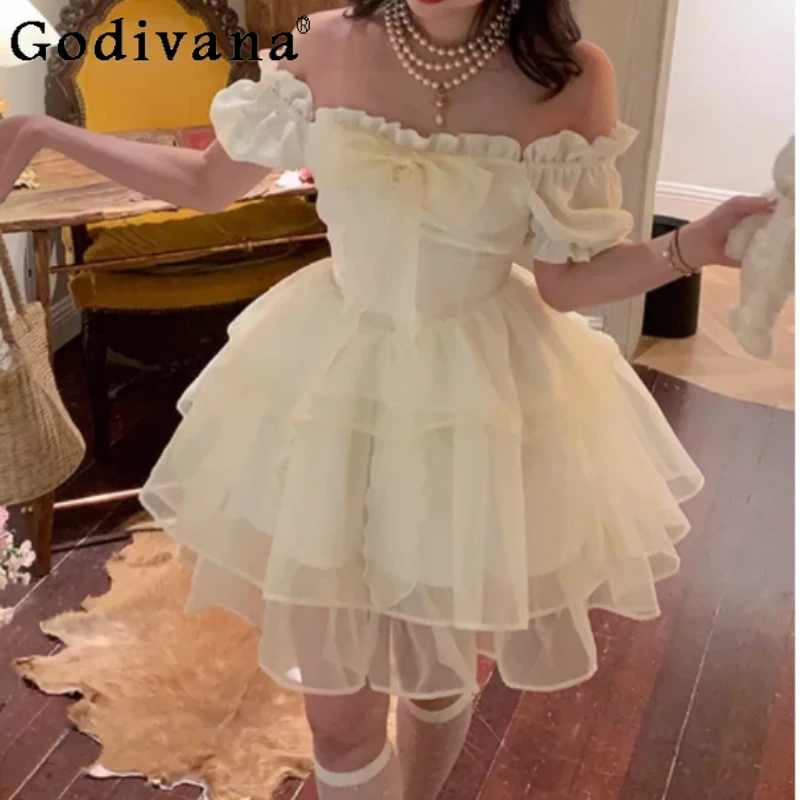 

Summer Plus Size Sweet Girl Elegant Slash Neck Short Sleeve Princess Dress Fashion Age-reducing A-line High Waist Fairy Dresses